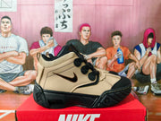 Side profile of a khaki and black Nike Bo Turf high-top sneaker.