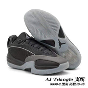 Black and gray Jordan AJ Triangle shoes with gray patterned outsoles; image text lists sizes 40–46.