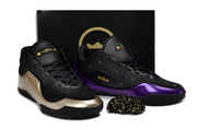 Black, purple and gold Nike LeBron 23 basketball shoes displayed with a black shoebox.