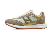 Side profile showing taupe, white, and olive panels and a white midsole