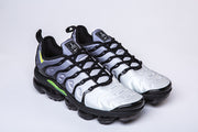 Pair of silver-gray and black Nike TN-9 sneakers with green accents.