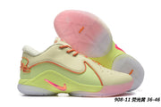 Fluorescent yellow and pale green Nike LeBron 22 sneakers with coral details and translucent pink outsoles.