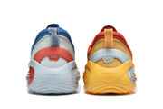 Rear view showing contrasting heel details on the blue and orange sneakers.