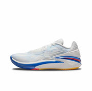 White and light blue Nike GT Cut 2 sneaker with blue and red sole accents and a gold-colored outsole section.