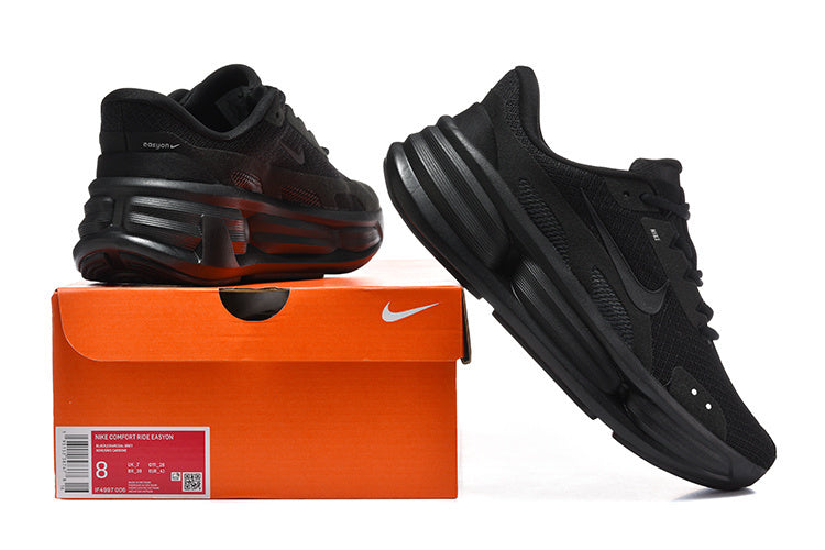 Black Nike Comfort Ride EasyOn sneakers displayed with an orange box; the box label shows a size 8 sample.
