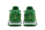 Rear view of green Nike Sabrina 2 basketball shoes with patterned side panels and white midsoles.