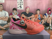 Side view of coral pink Nike sneakers showing the black Swoosh, layered upper construction, matching laces, and contrasting heel pattern.