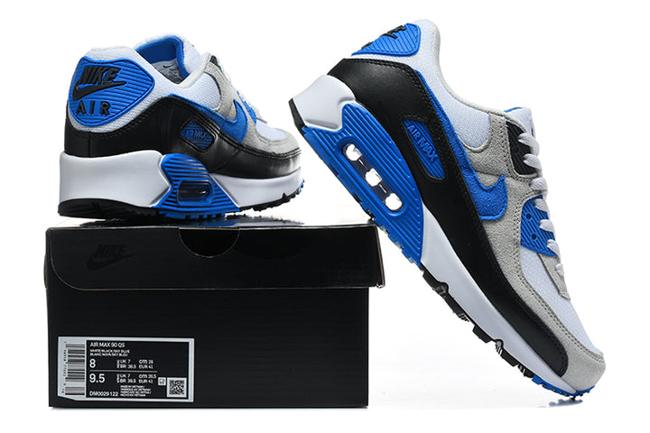 Nike Air Max 90 sneakers in white, grey, blue, and black shown with a shoe box; the box label shows a sample size.