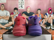 Rear view of pink and purple basketball sneakers with heel pull tabs