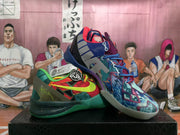 Angled view of the mismatched Nike basketball sneakers showing the colorful patterned uppers, side branding, and contrasting green and blue soles.