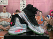 Pair of black and multicolor high-top basketball shoes shown from the side and at an angle.
