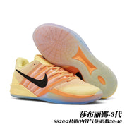 Pale yellow and orange Sabrina 3 basketball shoes with black Swoosh and multicolor outsole; caption gives style code 8826-2 and sizes 36–46.