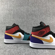 Pair of sneakers displayed from the rear-side angle with red collars and purple heel panels.