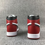 Rear view of the red and black heel panels on Air Jordan 1 high-tops