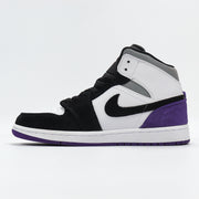 Side profile showing the black swoosh-shaped side mark, white upper panels, purple heel panel, and white midsole.