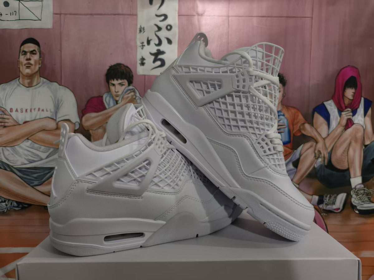 Pair of white high-top Jordan sneakers shown from a three-quarter side angle, highlighting the layered upper, molded side supports, and midsole air-window detail.