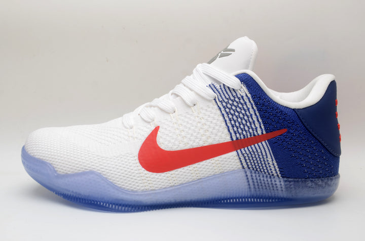 Side view of white Nike Kobe 11 shoes with blue panels, red side logo, and translucent blue outsole.