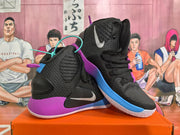 Pair of black high-top basketball shoes showing textured uppers, silver Swooshes, and blue and purple panels.