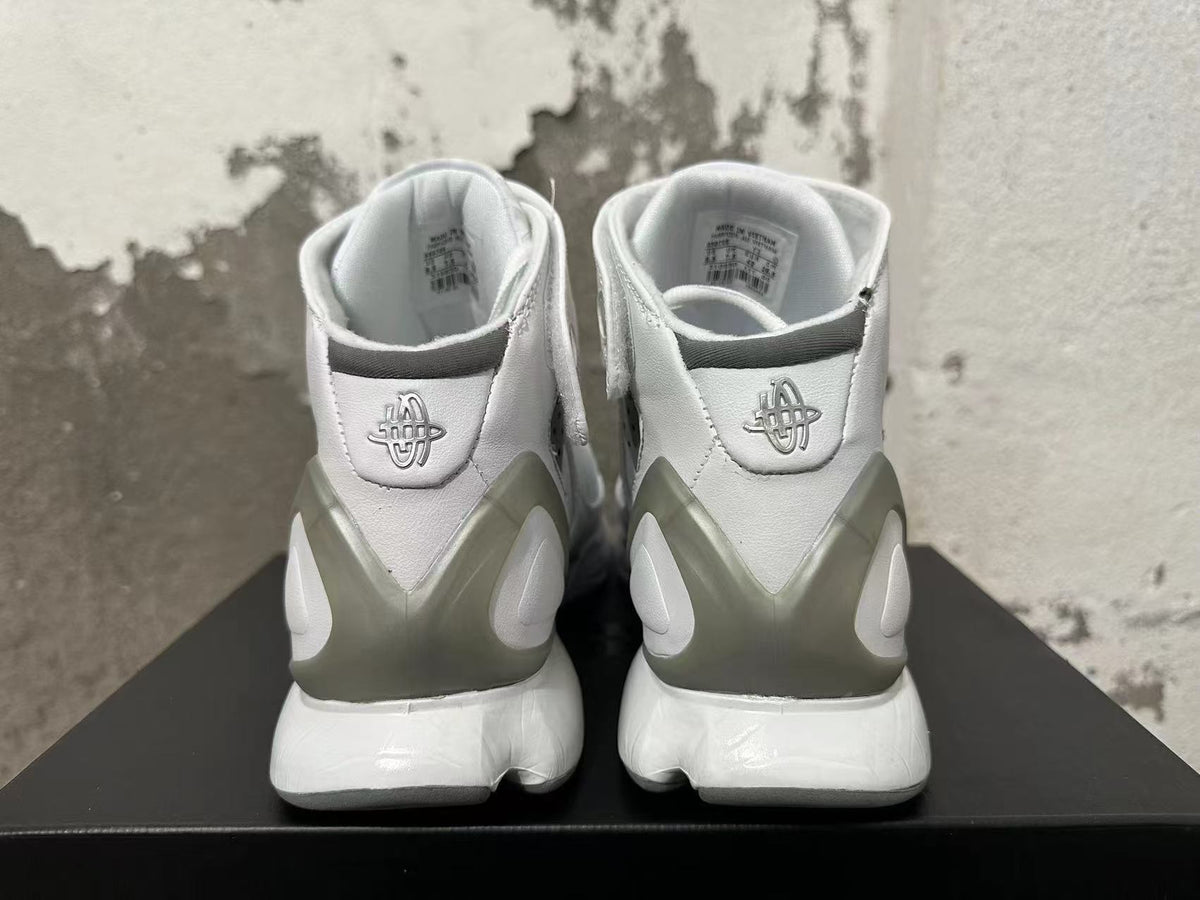 Rear view of white Nike Zoom Kobe 2K5 FTB high-top basketball shoes with gray heel accents.