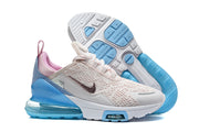 Nike Air Max 270 Premium sneakers shown from the side and underside in cream-white, pink, and blue