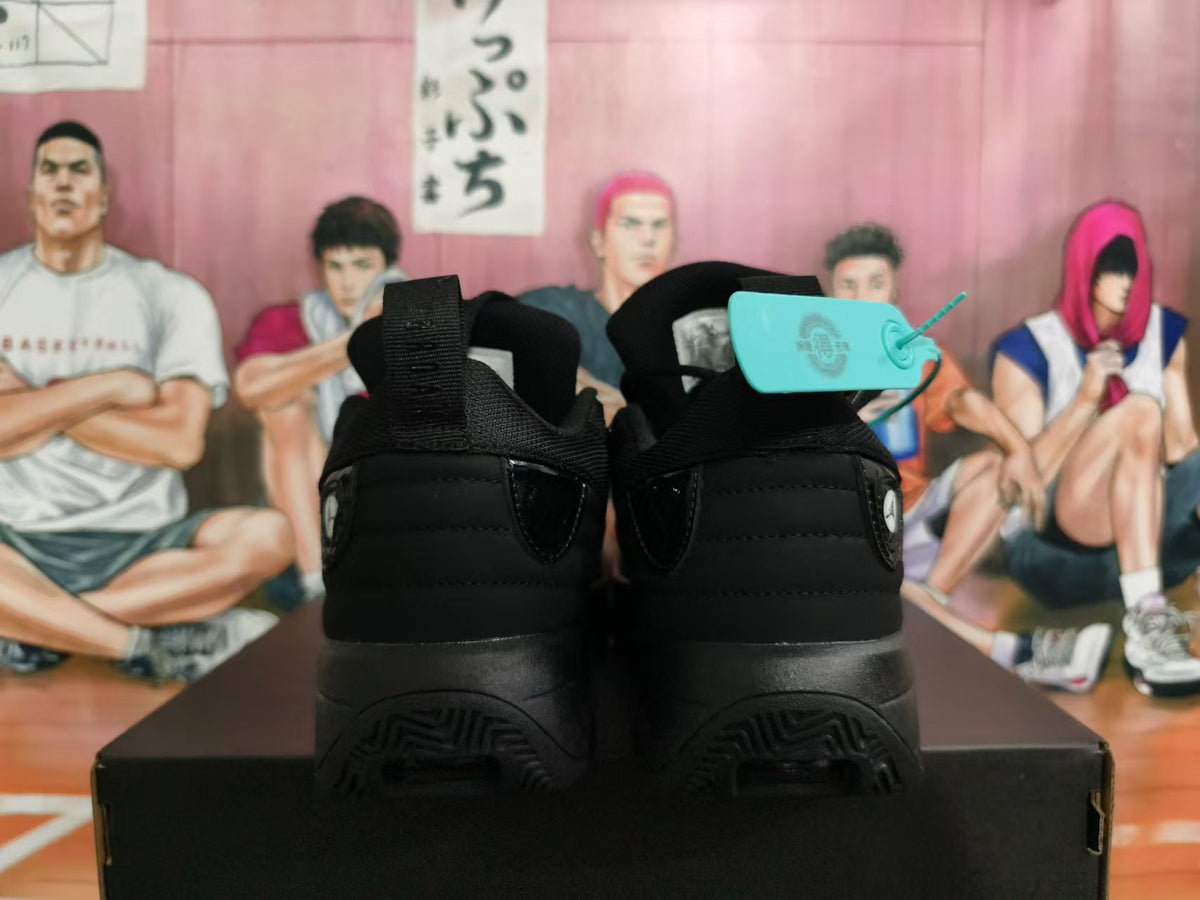 Rear view of black Jordan basketball shoes showing heel panels and outsoles.