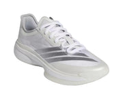 White basketball sneaker with light gray three-stripe detailing and a white outsole.