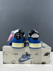 Rear view of the pair showing blue heels, black collars, and contrasting heel graphics.