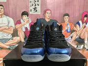 Front view of blue and black high-top sneakers with black laces.