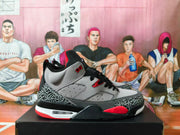 Side view of a grey sneaker with black and red details, elephant-print overlays, and a visible heel air unit.