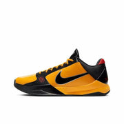 Orange and black Kobe 5 basketball sneaker with a black side swoosh and matching laces.