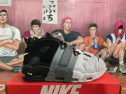 Side profile showing the black, grey and white layered upper with large AIR lettering and a segmented outsole.
