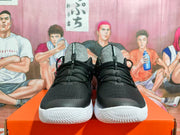 Front view of black Nike lace-up basketball shoes with gray tongues and white soles.