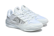 Pair of white and silver basketball shoes in a three-quarter view