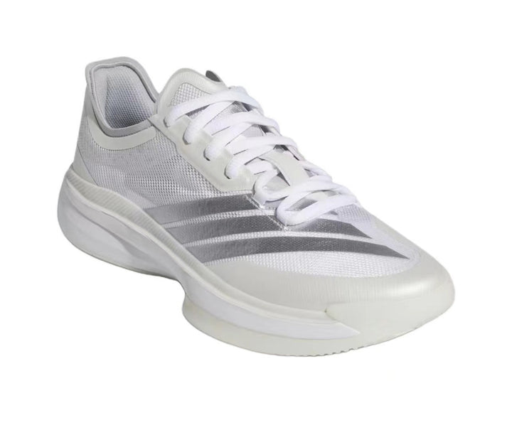 Silver-white 929 lace-up sneaker with layered side stripes and a thick sculpted sole.