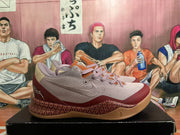 Side profile showing the Nike Swoosh, burgundy overlays, and patterned midsole detail