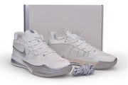 White and silver Nike Sabrina 4 shoes displayed with a shoe box