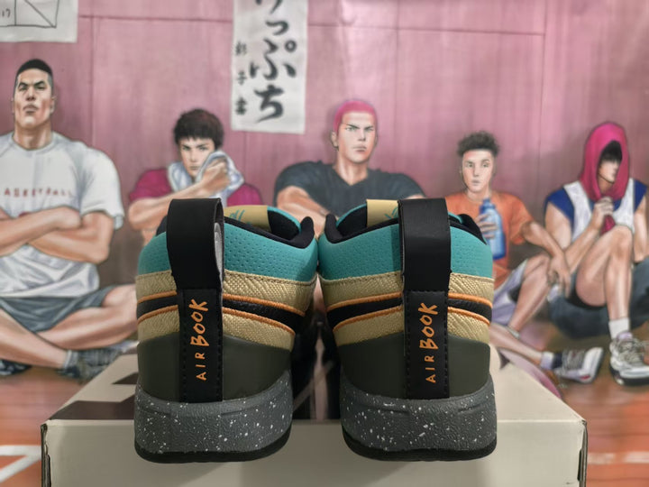 Rear view of beige, black, and teal sneakers with speckled midsoles and black pull tabs.