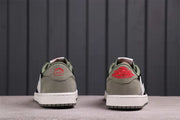 Rear view showing grey heel panels, red heel graphics, white midsoles, and grey outsoles.