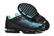 Side and outsole views of black and blue Nike Air Max Plus III sneakers.