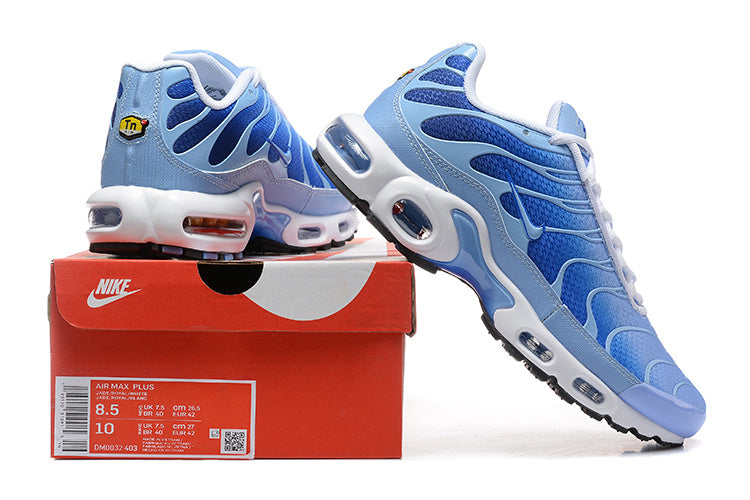 Blue Nike Air Max Plus sneakers displayed with a Nike shoe box; the box label shows a sample size.