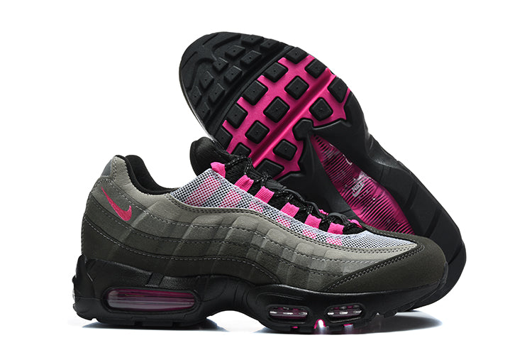 Nike Air Max 95 TT sneakers shown from the side and outsole, in grey, black and pink.