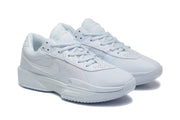 Pair of white Nike basketball shoes in a three-quarter view, showing the lace-up fronts and side details.