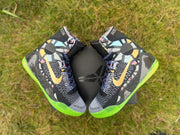 Top view of a pair of Nike Kobe 9 All-Star shoes with patterned uppers and green outsoles