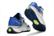 White and royal blue Nike KD 18 sneakers showing the heel and outsole.