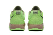 Rear view of bright green basketball shoes with olive collars and tan heel midsoles.