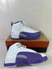 White and purple Air Jordan 12 Retro shown from side and angled views
