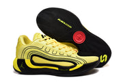 Side and outsole view showing the layered black-and-yellow design, visible AIR ZOOM text, and patterned rubber tread.
