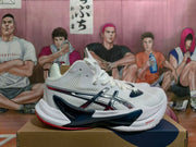 Side profile of a white ASICS METARISE volleyball shoe with navy and red details