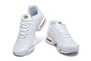Pair of white Nike Air Max Plus VI sneakers viewed from the front and above.