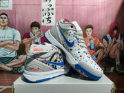 Angled view of Nike basketball sneakers showing the blue Swoosh, multicolor patterned upper, padded collar, and blue outsole.